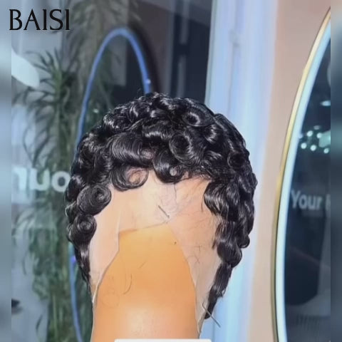 BAISI pixie finger wave noir Moitié Prix sans Colle 50€ ou avec frontal 58€ ou Full Lace 139€ en 100% Cheveux Humains  MP50