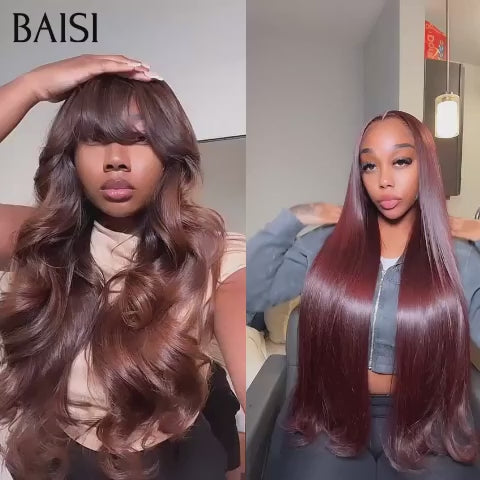 BAISI perruques 160€ 13X4 lace frontal body wave avec frange ou lisse marron 24 pouces  en 100% Cheveux Humains BS65