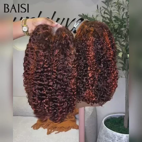 BAISI 4X4 lace closure perruque 12 Pouces 95€ 100% Vietnam Hair water wave BOB en couleur marron Mixte orange de luxe en 100% Cheveux Humains