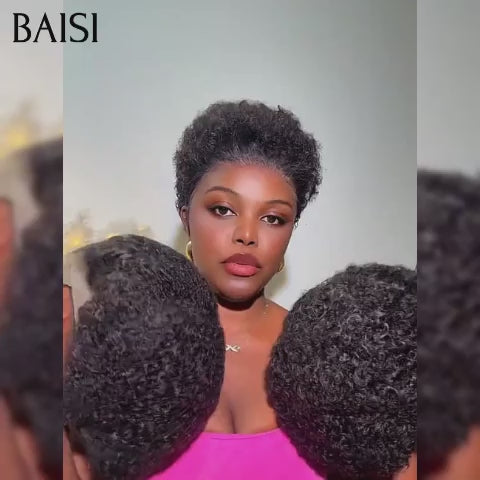BAISI pixie afro curly noir sans lace fabriqué à la machine 40€ Moitié Prix ou 13x4 lace frontal afro en 100% Cheveux Humains MP50