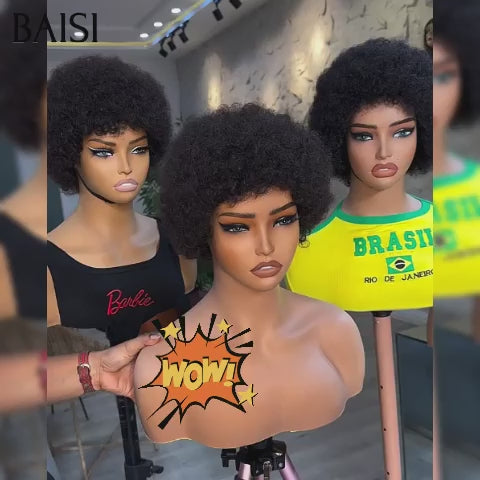 BAISI Achetez 2 perruques minimum au prix d'usine fournisseur 100% Raw hair Lace Frontale Pixie Afro #905 Couleur NOIR  100% Vrais Cheveux Humains (Pas Besoins De Code)
