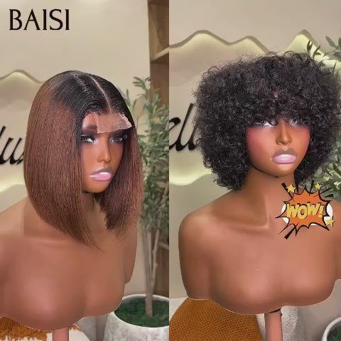 BAISI vente flash 2 Perruques 108€ 4x4 lace Lisse BOB Marron et pixie sans Colle curly wave F-8197 en 100% vrais cheveux humains