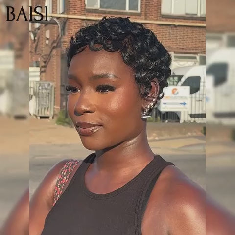BAISI Lace frontal Perruque pixie finger wave 6 Pouces 56€ ou sans Colle fabriqué à la machine NOIR en 100% Vrais Cheveux Humains