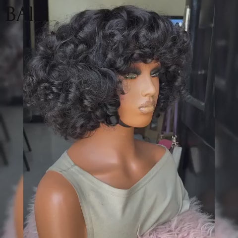 BAISI Perruques Volume de 300% 129€ 14 pouces bouclé egg Wave avec Frange sans Colle Fabriqué à la Machine en 100% Cheveux Humains