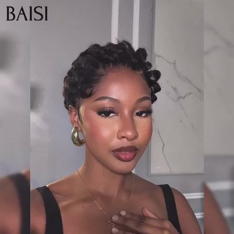 BAISI Perruque Pixie avec frontal finger wave 55€ ou Lisse en couleur miel 4T27# 88€ moitié prix sans colle sans lace  100% Cheveux Humains Fabriqué à la Machine MP50