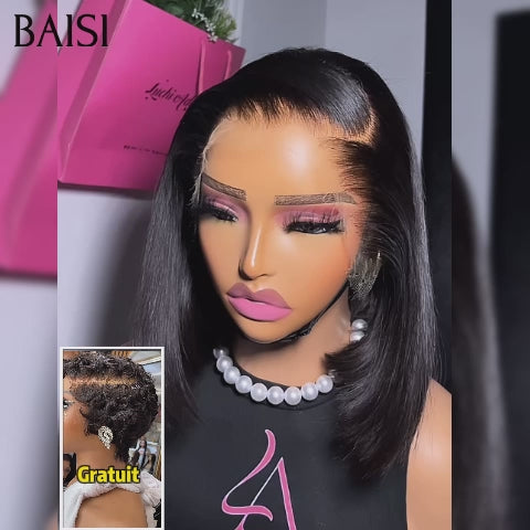BAISI HAIR FR Achetez 1 +1 Gratuite = 99€ bob 13x4 lace lisse 10 pouces et pixie sans colle finger wave noir En 100% Cheveux Humains