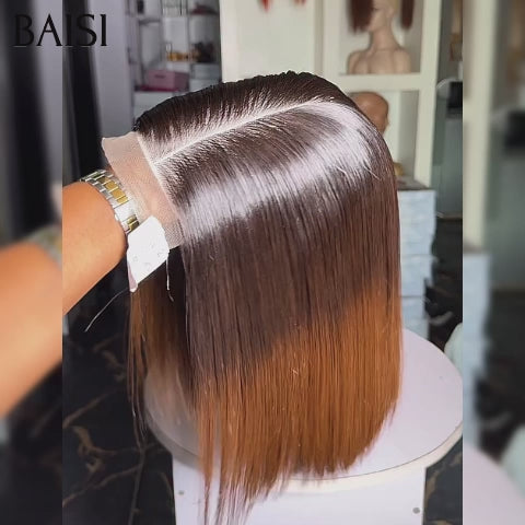 BAISI 2X6 perruque Lisse Bob Haute Qualité en couleur Miel avec racine Marron 4T27# Moitié Prix 250% Densité SDD BONE Straight 100% Vietnam Hair