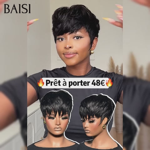 BAISI Perruques sans Colle pixie NOIR 48€ en France TVA 0€ Livraison gratuite 2-3 jours 100% Cheveux Humains
