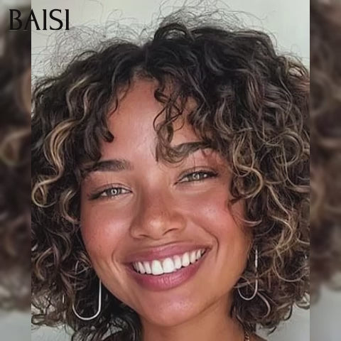 BAISI Perruque Pixie curly wave NOIR Mixte Miel 66€ Fabriqué à la Machine  En 100% Cheveux Humains BS30