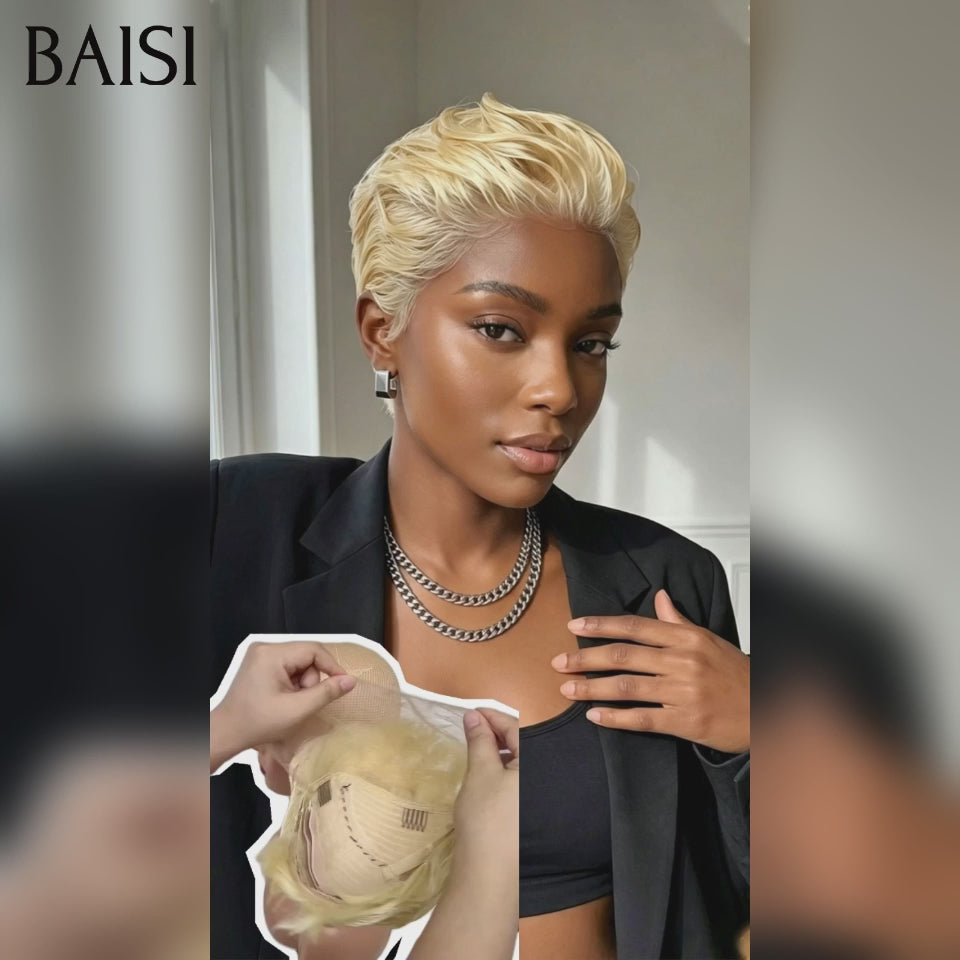 BAISI 13x4 Lace Perruque Coiffée Pixie Lisse Blonde 613# Coiffure Bien Dressée en 100% Cheveux humains