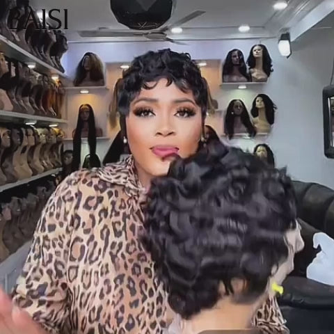 BAISI Perruques Chioma  pixie finger wave avec frontal 200% densité noir Moitié Prix 55€ en 100% Cheveux Humains MP50