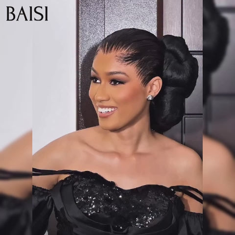 BAISI Coiffure de luxe Alberta Perruques Mariage noir Prête à porter chignon et personalisation comme sur la vidéo 100% identique avec lace frontale événement spécial
