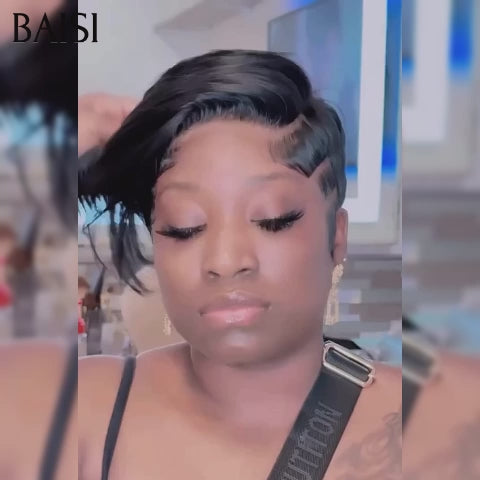 BAISI Perruque Full Lace Pixie lisse 139€ Raie sur le côté en Couleur Noir en 100% cheveux humains