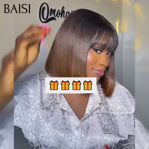 BAISI sans Colle Lisse BOB avec Frange 1 achetée + 1 cadeau OFFERT 66€ en couleurs Marron avec racine en 100% vrais cheveux humains BS65