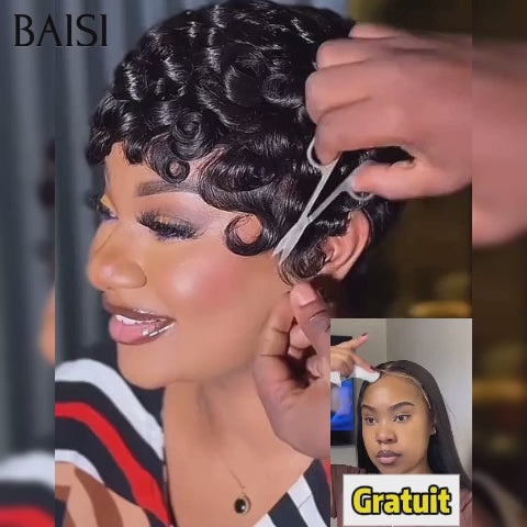 BAISI Achetez 1 +1 Gratuite= 109€ 4x4 lace closure Lisse 18 Pouces et sans Colle pixie finger wave en 100% vrais cheveux humains