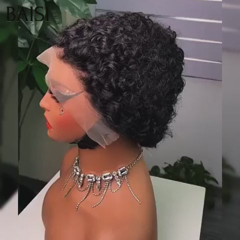 BAISI 13X4 lace frontal Perruque pixie Vague curly En 3 Couleurs Mixte Miel et Mixte brun ou Noir en 100% Cheveux Humains