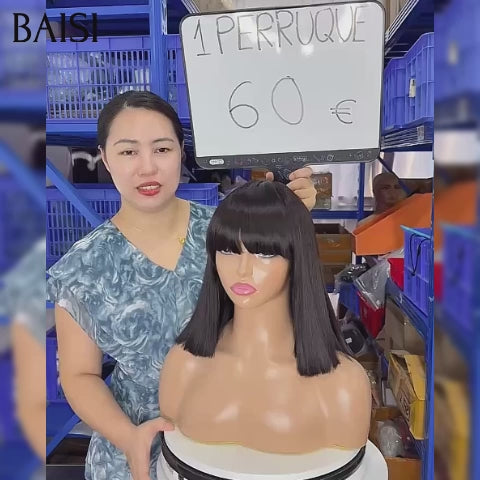 BAISI promo 2x4 lace Perruque Bob Lisse avec frange noir 10 pouces 60€ 100% Vietnam Hair sans colle en 100% Raw Hair Lace déjà couper
