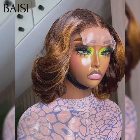 BAISI Perruque pixie lace closure Bouclée Egg Wave 55€ Moitié Prix en couleur Marron Mixte Miel En 100% Cheveux Humains