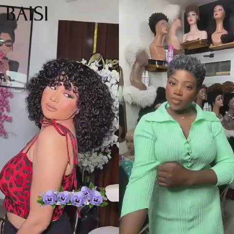 BAISI Achetez 1 + 1 Gratuite = 89€ water wave 12 pouces et sans lace afro curly gris 6 pouces en 100% Cheveux humains FR38