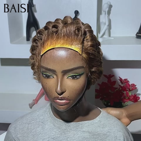 BAISI Perruque Chioma finger wave Avec Frontale lace Pixie petite coupe 59€ couleur marron En 100% Cheveux Humains