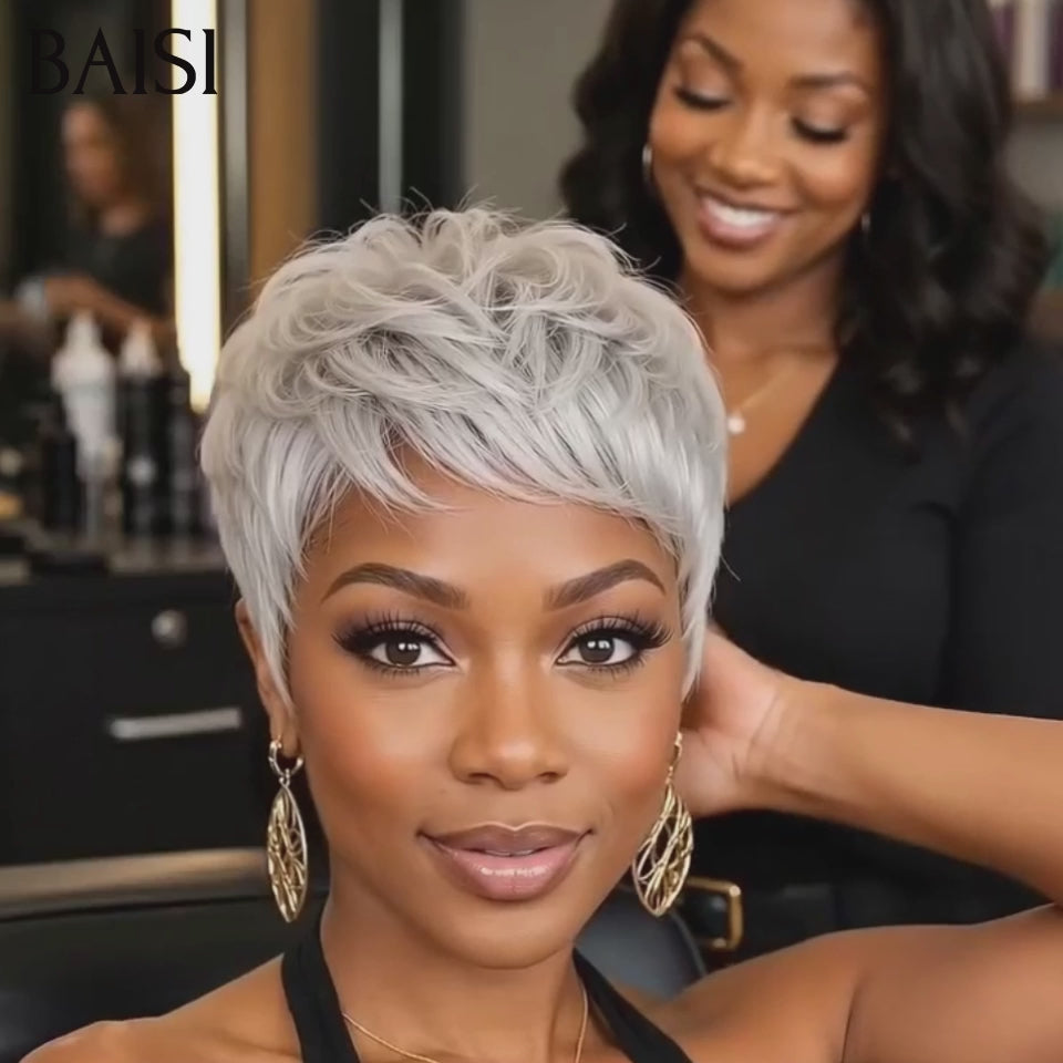 BAISI Perruque Pixie Courte Grise Sans Lace 69€ ou 13x4 Lace Frontal 99€ Très A la Mode en 100% Cheveux humains