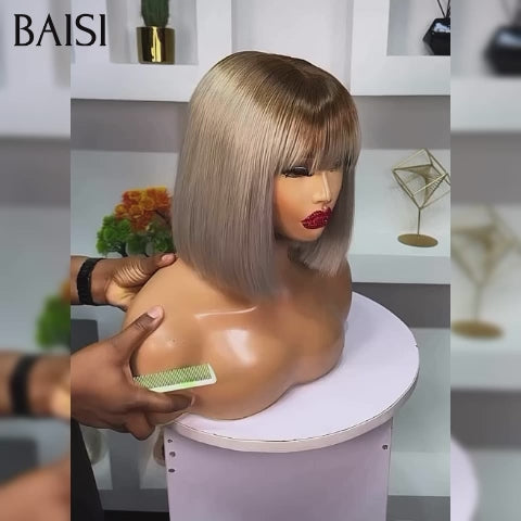 BAISI Collection Perruques Poivre et Sel 100% Vietnam Hair SDD BONE STRAIGHT Lisse BOB avec Frange de luxe Personnalisation des couleurs en 100% vrais cheveux humains