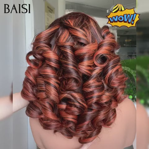 BAISI Perruque BOB lace closure Bouclée Egg Wave 75€ Moitié Prix en couleur Marron Mixte orange En 100% Cheveux Humains mp50