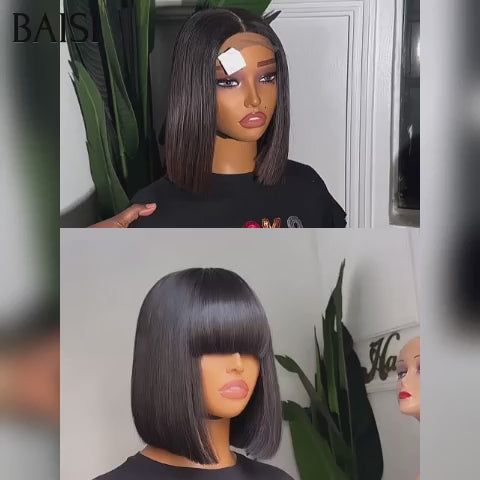 BAISI vente flash 2 perruques 109€ 4x4 lace Lisse BOB 10 Pouces et Lisse avec Frange 8 Pouces en 100% vrais cheveux humains code : FR20