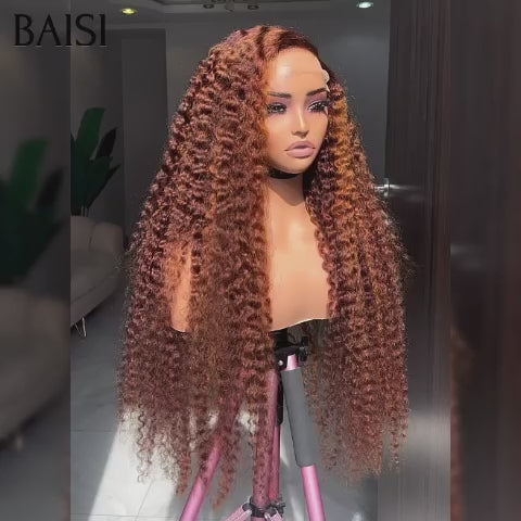 BAISI 13x4 Lace Frontale Lace Perruque Bouclé Deep wave En Couleur Marron  Mixte orange #4#350 en 100% Cheveux Humains