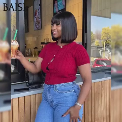 BAISI  8 pouce 66€ 15A SDD BONE STRAIGHT Lisse bob sans lace avec frange Perruques de Luxe bouclé bob A1 Fabriquées par les cheveux double drawn