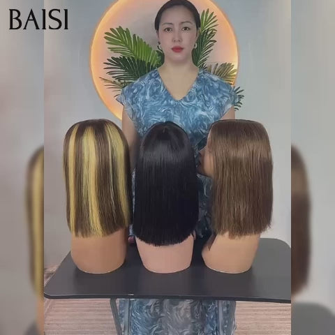 BAISI Offre spéciale 3 perruques 189€ Lisse Bob de luxe 2x6 lace 10 Pouces en couleur Marron et Miel et 4X4 lace 10 Pouces NOIR en 100% vrais cheveux humains BS120