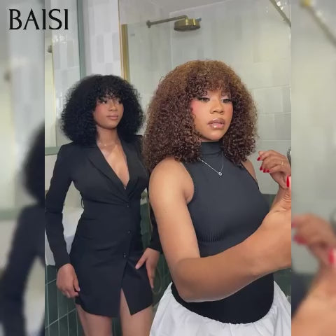 BAISI  2 Perruques pour revendre 149€ Bob curly wave avec Frange 12 pouces couleur NOIR et Marron en 100% vrais cheveux humains FR20