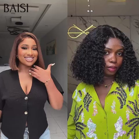 BAISI 2 perruques 156€ promotion 13X4 lace frontal Lisse BOB en couleur Marron et curly wave NOIR 100% Vietnam Hair en 100% Cheveux Humains