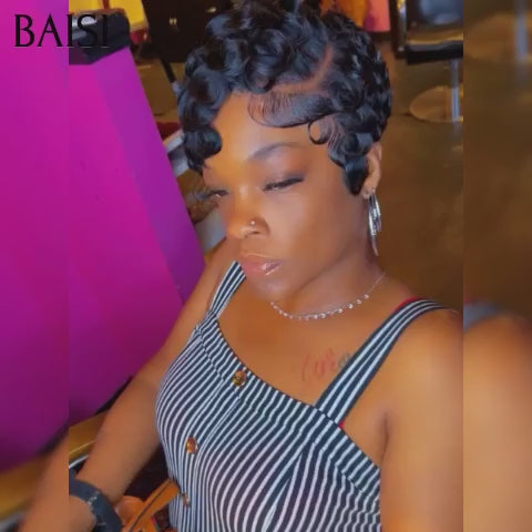 BAISI Perruques Chioma 13X4 lace frontal pixie finger wave 200% densité noir Moitié Prix 55€en 100% Cheveux Humains  MP50