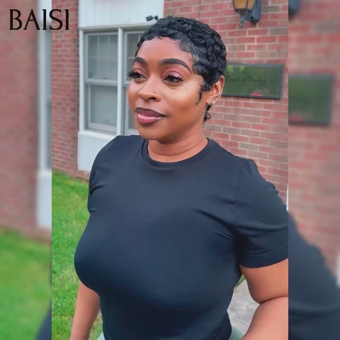 BAISI Pixie perruque chioma finger wave NOIR Avec Frontale 55€ ou En 4 Couleur #4#27 et orange et 99J et noir  160€ sans colle sans lace en 100% Cheveux Humains