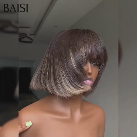 BAISI Perruques sans lace Lisse avec Frange noir Mixte Miel 89€ sans Colle fabriqué à la machine en 100% Cheveux Humains