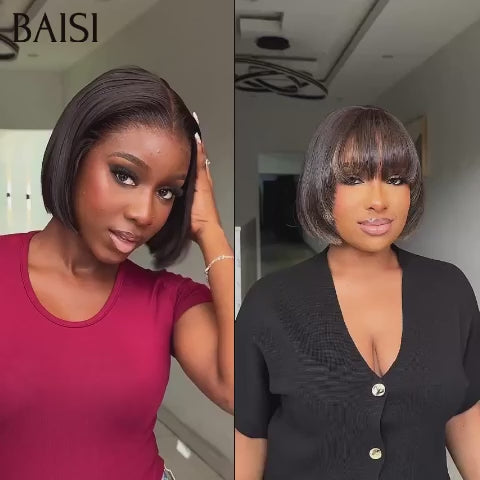BAISI PROMO Ventes En Gros 2 Perruques 118€ 8 Pouces BOB Lisse avec Frange Mixte et 4x4 lace closure NOIR en 100% cheveux humains