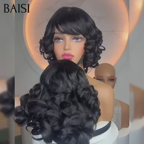 BAISI Perruque Bouclée Egg Wave avec Frange 2x4 lace 68€ BOB en couleur NOIR En 100% Cheveux Humains
