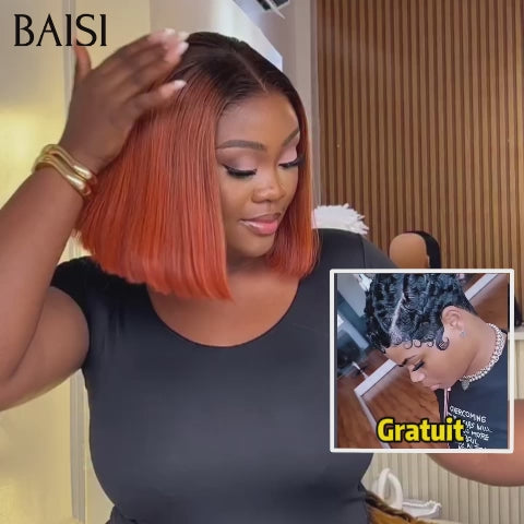 BAISI Achetez 1 +1 Gratuite= 88€ 4x4 lace lisse bob 1BT30# 10 pouces et sans lace pixie ou Lisse + curly + san lace Lot de 3 perruques bob en 100% vrais cheveux humains (pas besoin de code)