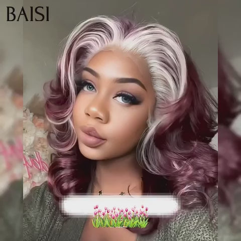 BAISI Promo Perruque 13X4 lace frontal 16 pouce couleurs Rouge-violet Mix Blonde somble grosse boucles sans colle Aujourd'hui 99€  en 100% Cheveux Humains