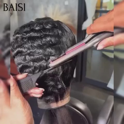 BAISI Achetez 2 perruques minimum au prix d'usine fournisseur perruque pixie finger wave ou Lisse 99J# ou bouclé curly sans colle sans lace ou afro curl avec frange en noir 10 Pouces en 100% vrais cheveux humains