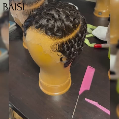 BAISI Achetez 2 perruques minimum au prix d'usine fournisseur Perruque chioma 13x4 lace frontal pixie en couleur noir 100% Cheveux Humains ( pas besoin de code)