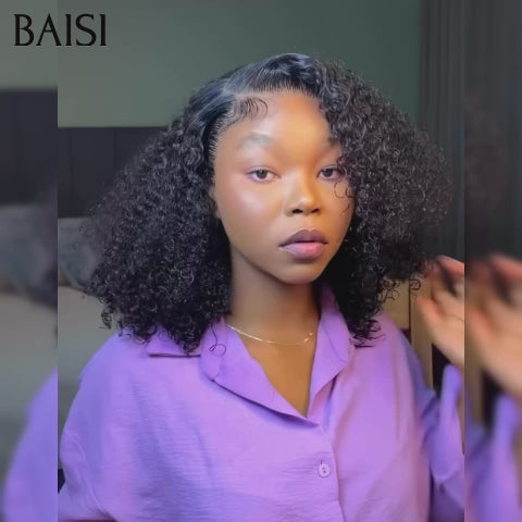 BAISI 13x4 Sans Colle Perruque Bob Curly en Noir 8-14 Pouces Lace déjà couper Facile à Porter en 100% Cheveux Humains
