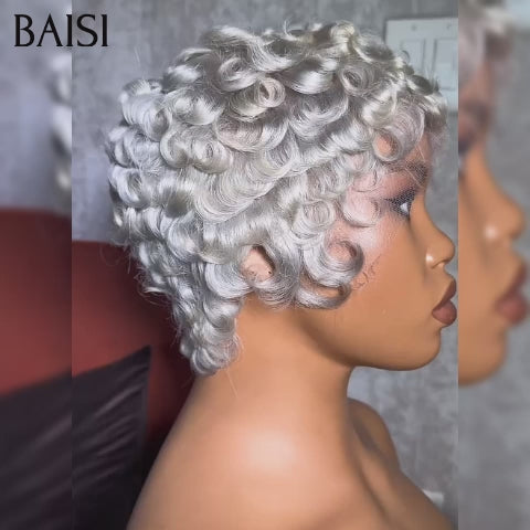 BAISI Collection Perruques Poivre et Sel 69€ Perruques Chioma Pixie Finger Wave petite coupe fabriqué à la machine couleur argent En 100% Cheveux Humains