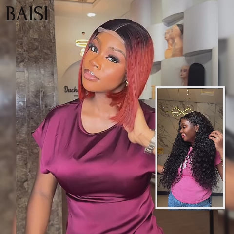 BAISI Achetez 1 +1 Gratuite= 169€ 4x4 Lisse Bob 1BT30# 10 Pouces et 13x4 frontal curly wave 22 Pouces ou Perruque conbinée 3 perruques à bon prix