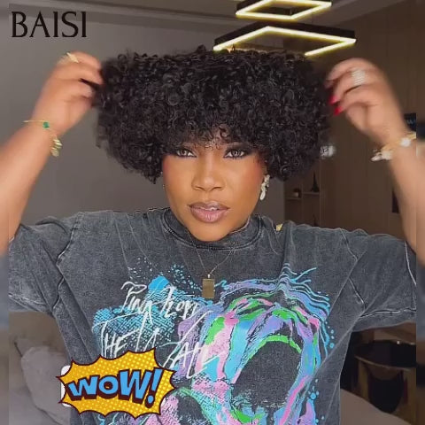 BAISI promotion 49€ sans lace Perruques Pixie curly Wave petite coupe fabriqué à la machine NOIR En 100% Cheveux Humains