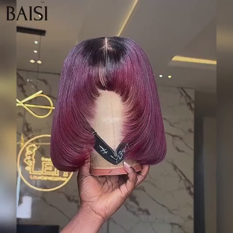 BAISI perruque Bob lisse Avec Frange en couleur Bordeaux avec racine NOIR de Luxe 8 Pouces SDD bone straight Moitié Prix en 100% Vietnam Hair