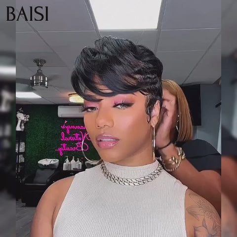 BAISI Perruque Full Lace Pixie lisse 139€ Raie sur le côté Élégant, romantique et facile à porter en Couleur Noir en 100% cheveux humains