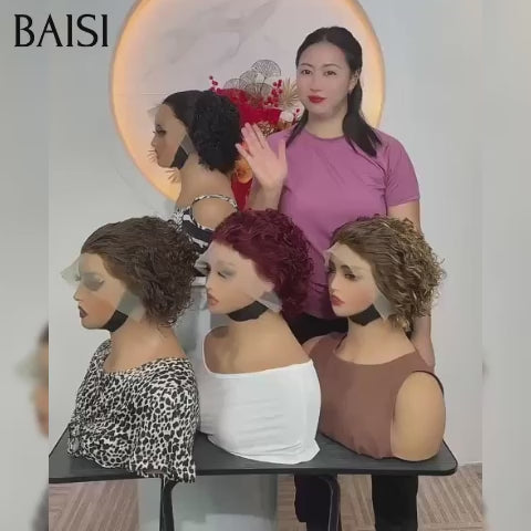 BAISI Grande PROMO 4 perruques 109€ Vente en gros 13X4 lace frontal pixie curly wave en 4 couleurs NOIR et miel et Bordeaux et Marron en 100% vrais cheveux humains