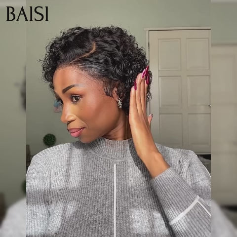 BAISI Achetez 2 perruques minimum au prix d'usine fournisseur en France TVA 0€ 48H arrivé 13X4 lace pixie Curly en Noir en 100% Cheveux Humains